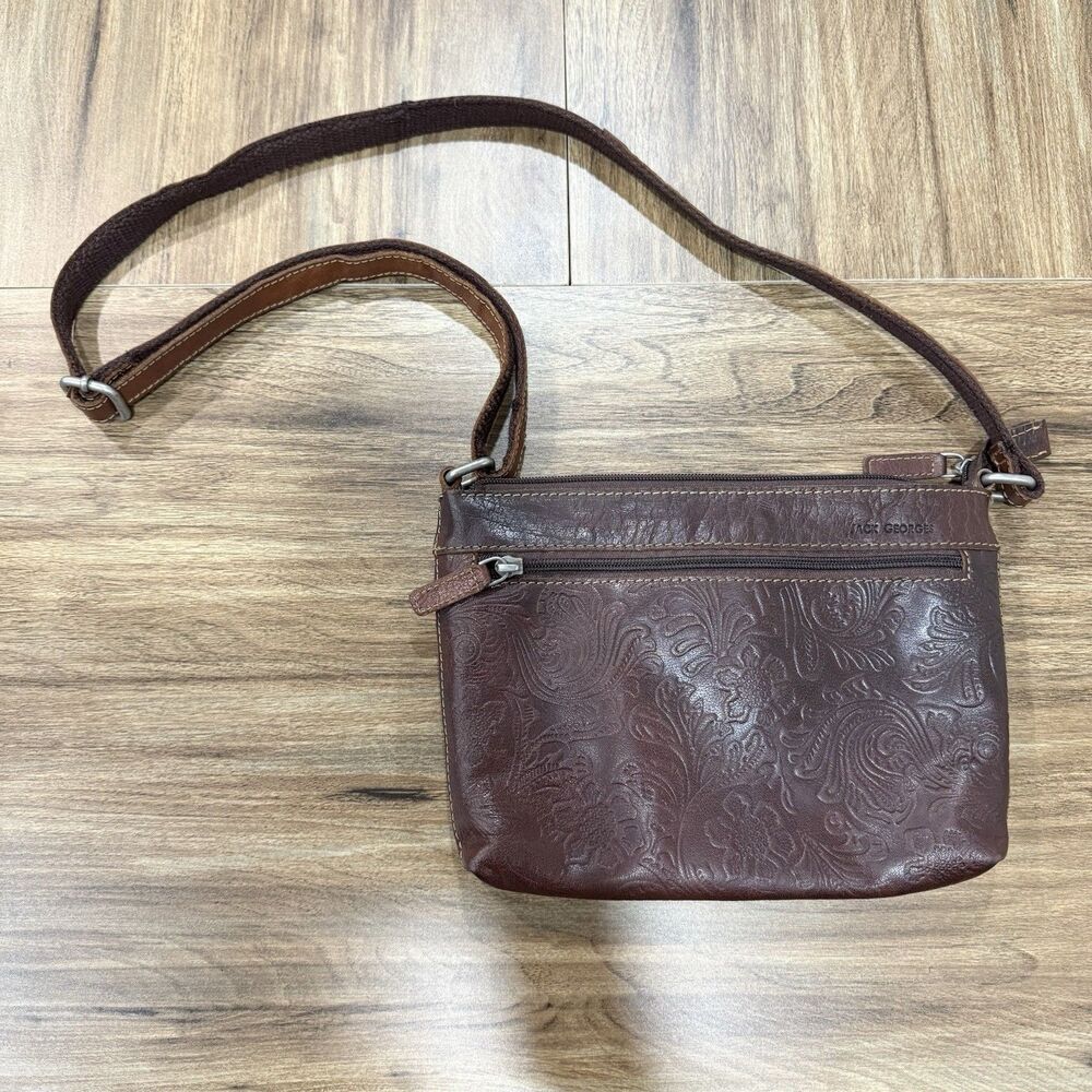 ​Jack Georges Chocolate Brown Genuine  Leather Floral Carved Crossbody Bag